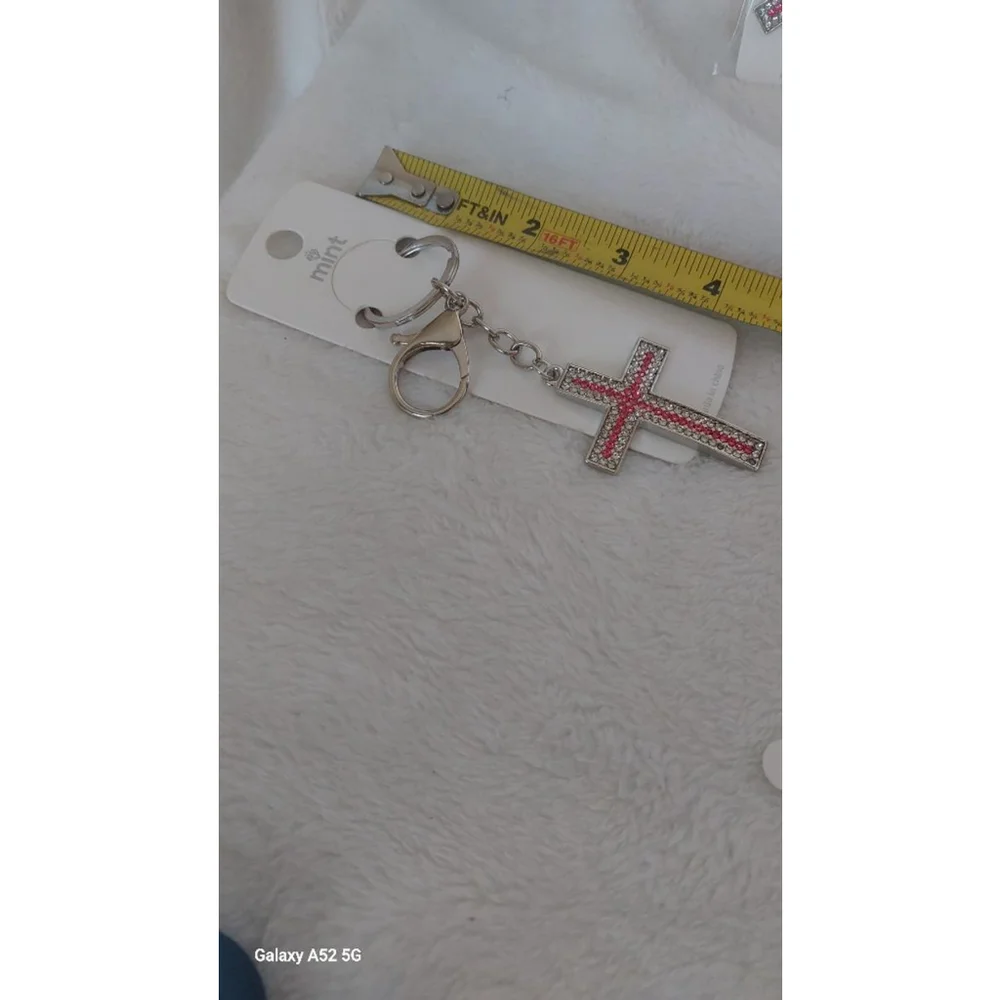 Pink and Silver Rhinestone Cross Keychain